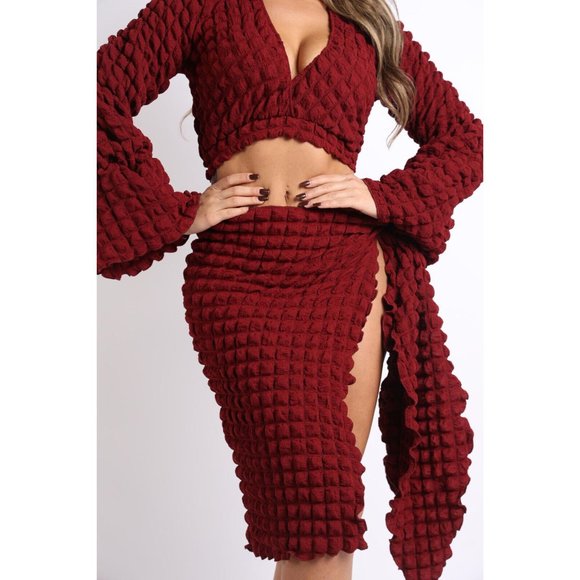 Women's Sexy Popcorn Long Sleeve Top And Matching Side Tie Mini Skirt 2 Pcs Set - Picture 10 of 14